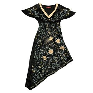 Lapetina Lomeli Green‎ and Gold Asymmetrical High-Low Embroidered Dress Size M